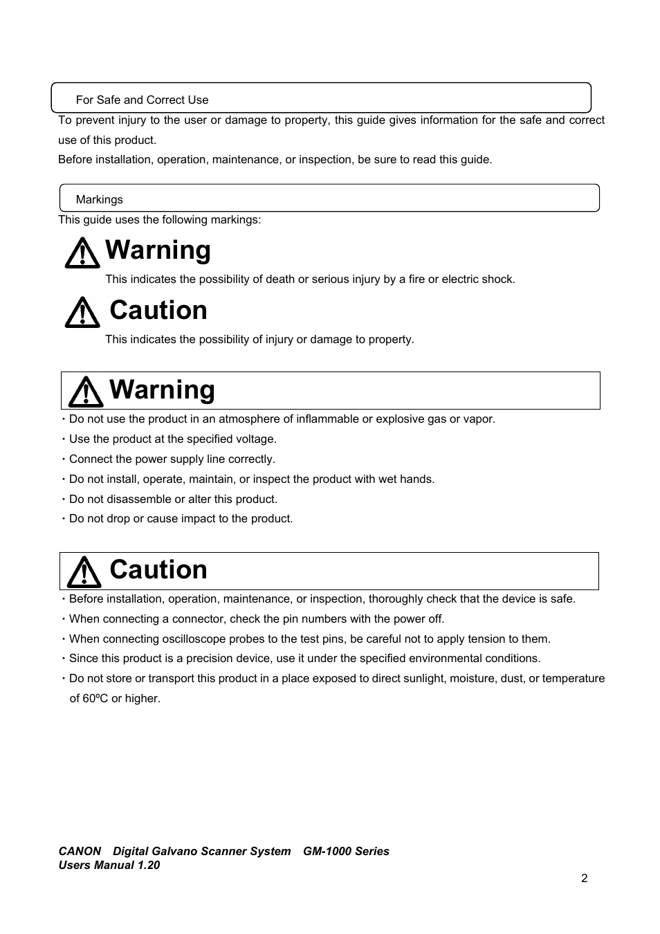 Warning, Caution | Canon GM-1000 User Manual | Page 2 / 140