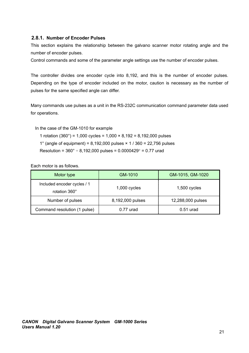 Number of encoder pulses | Canon GM-1000 User Manual | Page 21 / 140