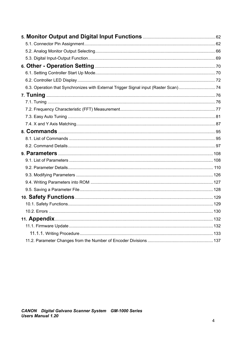 Monitor output and digital input functions, Other - operation setting, Tuning | Commands, Parameters, Safety functions, Appendix | Canon GM-1000 User Manual | Page 4 / 140