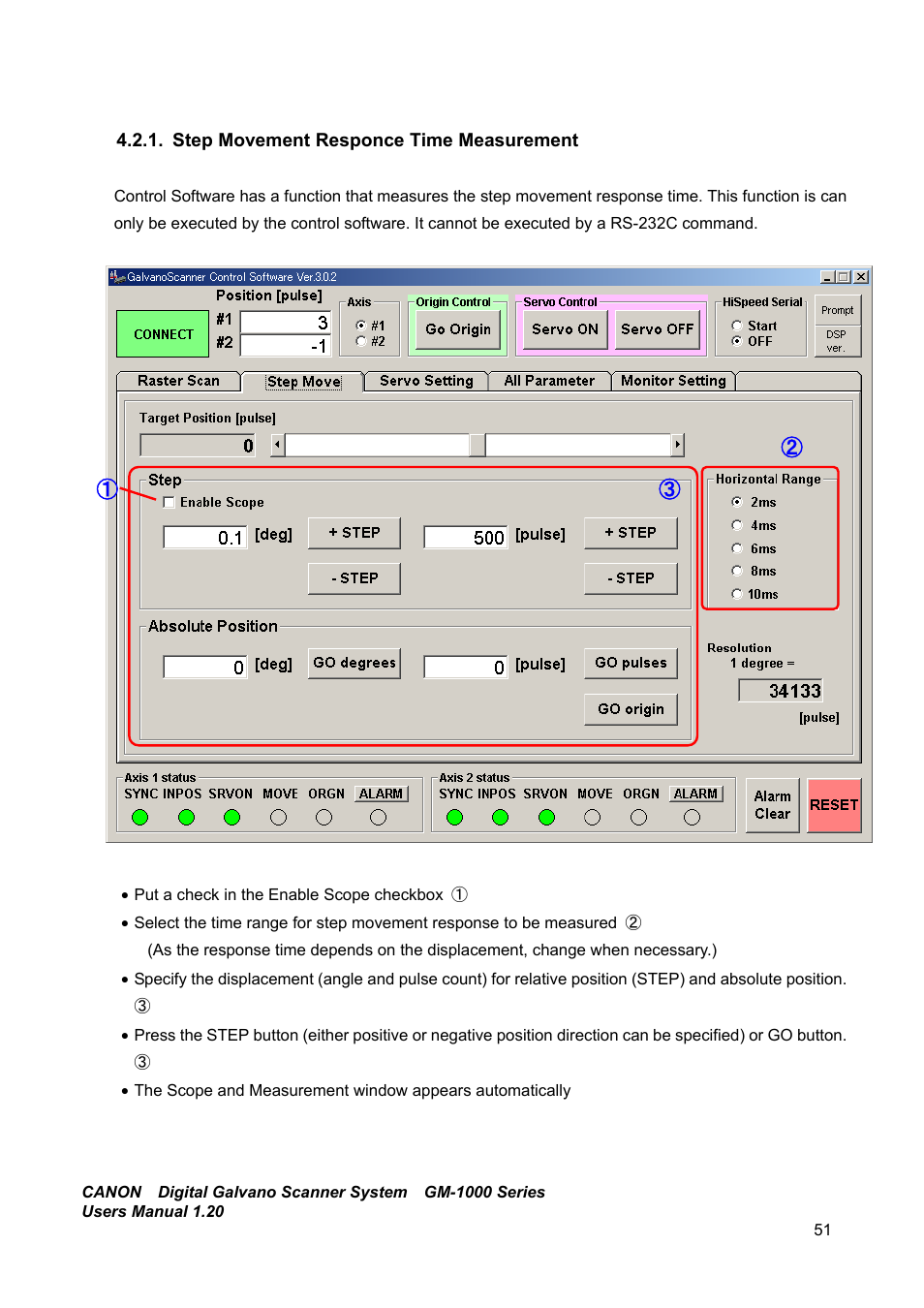 Step movement responce time measurement | Canon GM-1000 User Manual | Page 51 / 140