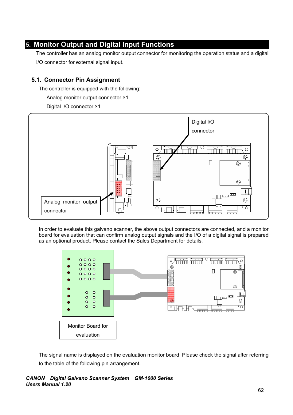 Monitor output and digital input functions, Connector pin assignment | Canon GM-1000 User Manual | Page 62 / 140