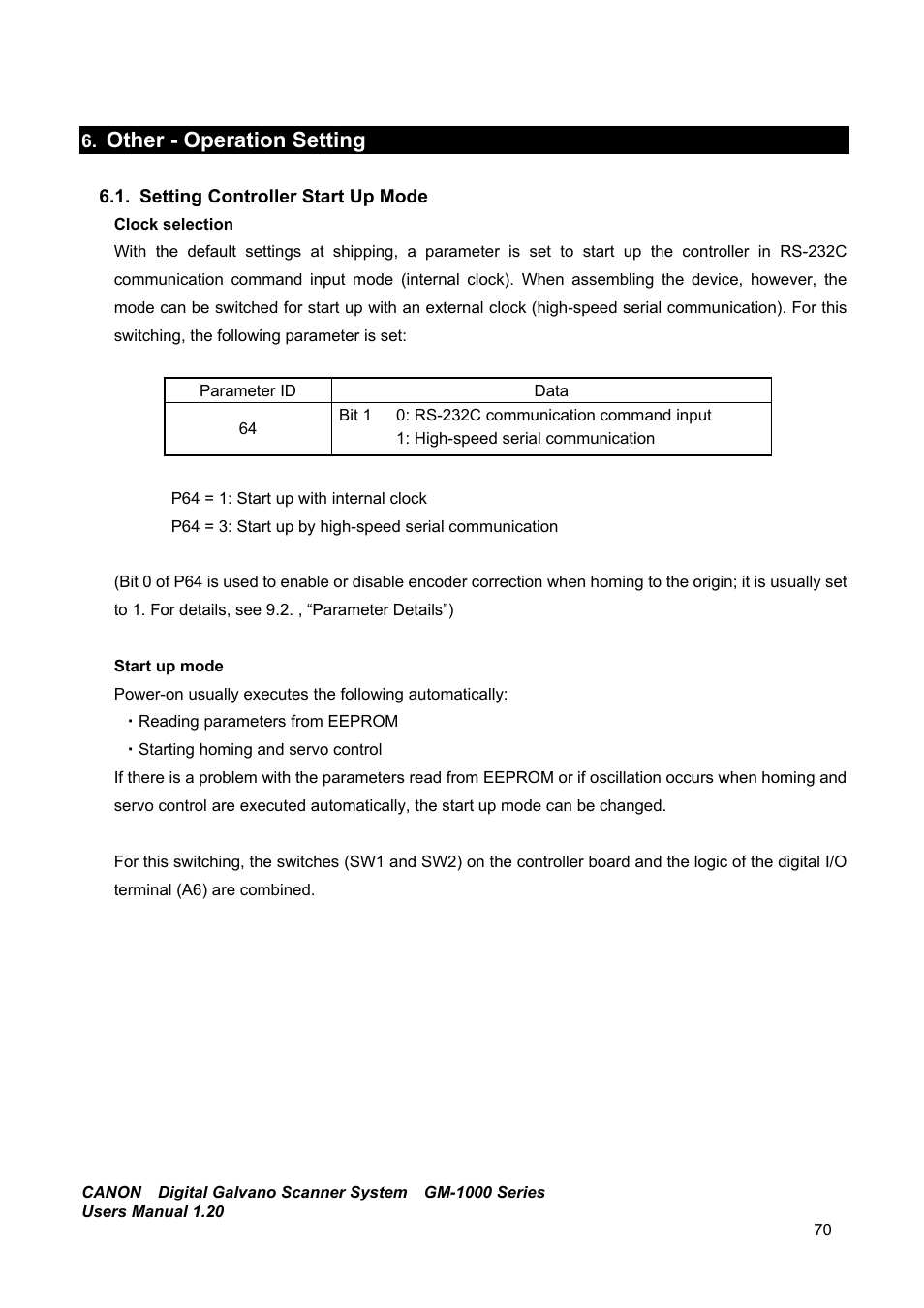 Other - operation setting, Setting controller start up mode | Canon GM-1000 User Manual | Page 70 / 140