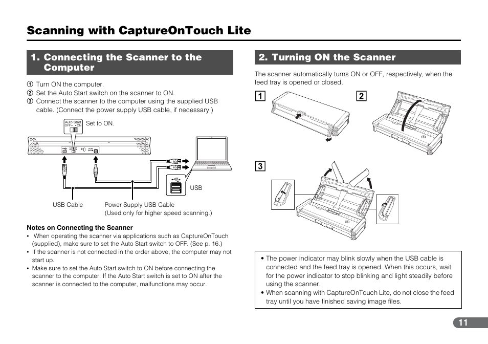 Scanning with captureontouch lite, Connecting the scanner to the computer, Turning on the scanner | Canon P-150 User Manual | Page 11 / 26