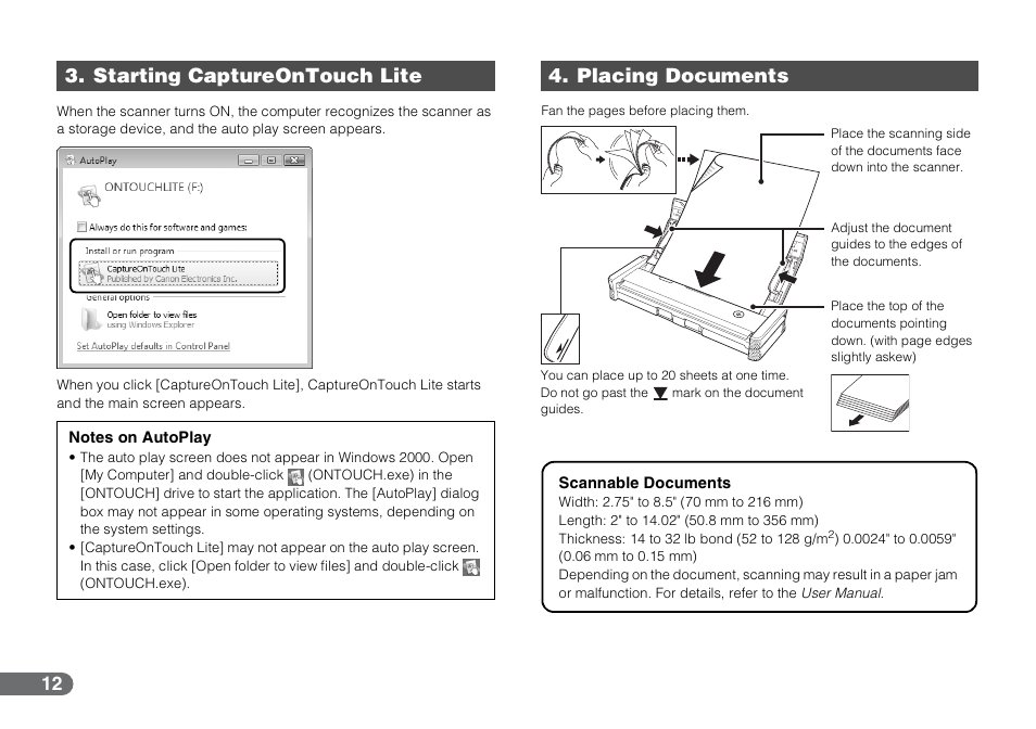 Starting captureontouch lite, Placing documents, Starting captureontouch lite placing documents | Scannable documents | Canon P-150 User Manual | Page 12 / 26