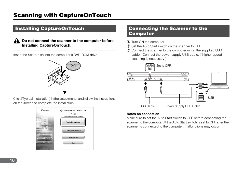 Scanning with captureontouch, Installing captureontouch, Connecting the scanner to the computer | Canon P-150 User Manual | Page 16 / 26