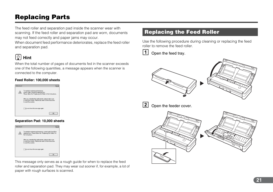 Replacing parts, Replacing the feed roller | Canon P-150 User Manual | Page 21 / 26