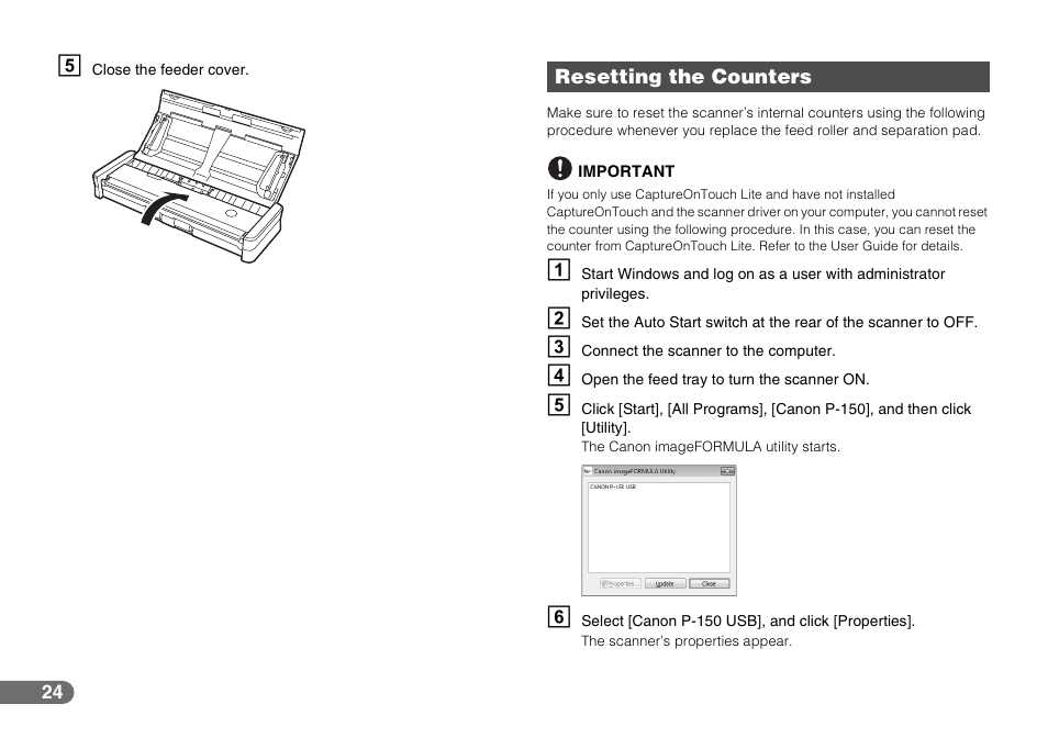 Resetting the counters | Canon P-150 User Manual | Page 24 / 26