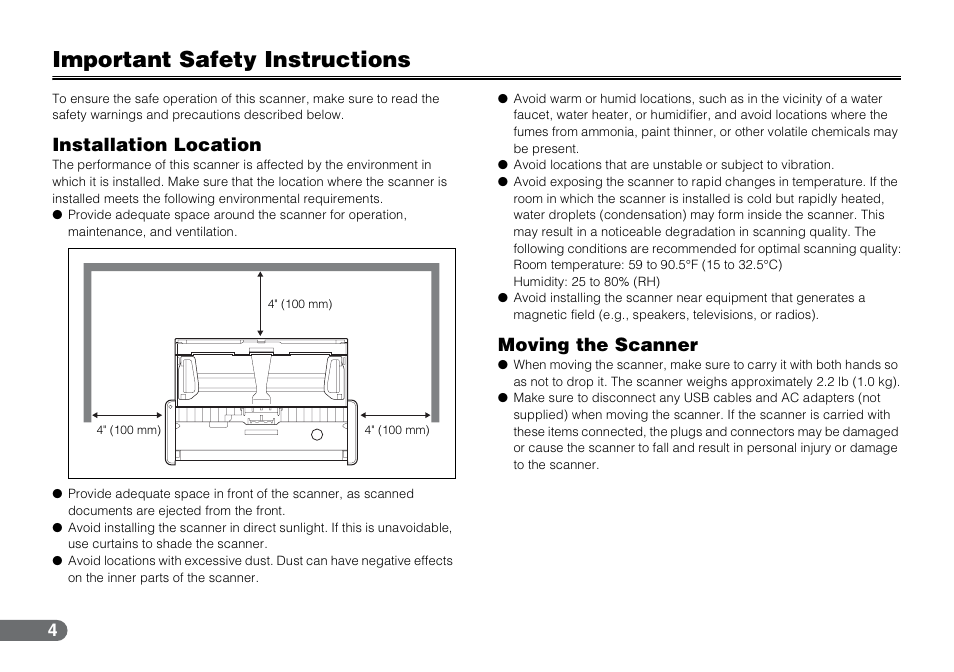 Important safety instructions, Installation location moving the scanner, Installation location | Moving the scanner | Canon P-150 User Manual | Page 4 / 26