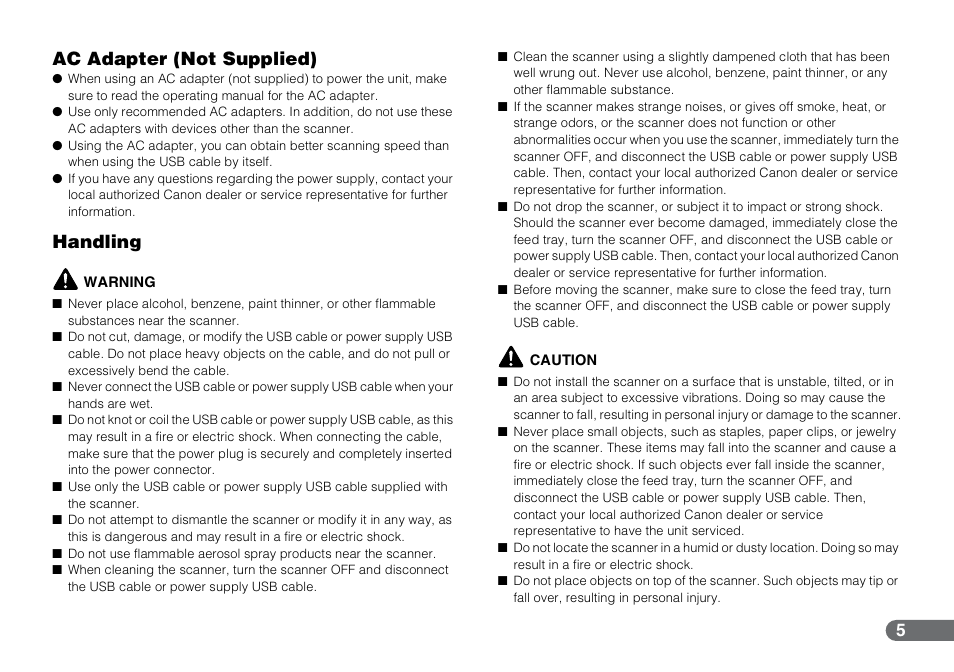 Ac adapter (not supplied) handling, Ac adapter (not supplied), Handling | Canon P-150 User Manual | Page 5 / 26