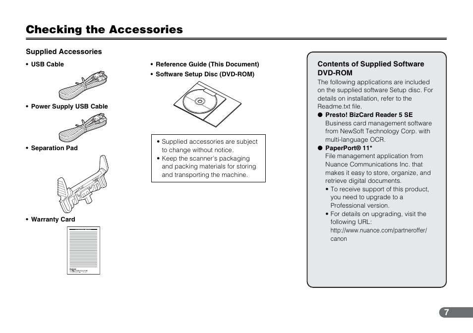 Checking the accessories | Canon P-150 User Manual | Page 7 / 26