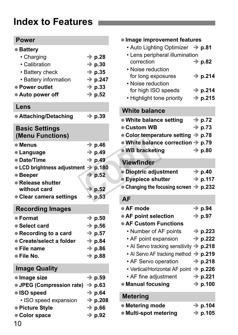 Cop y, Index to features | Canon EOS 1D User Manual | Page 10 / 276