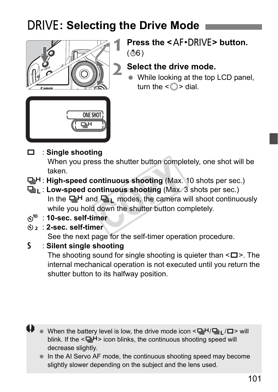 Cop y, R: selecting the drive mode | Canon EOS 1D User Manual | Page 101 / 276