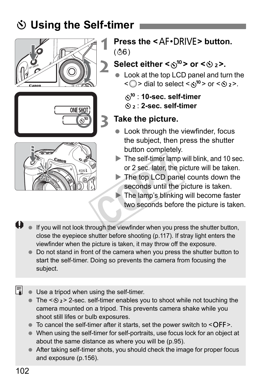 Cop y, Jusing the self-timer | Canon EOS 1D User Manual | Page 102 / 276
