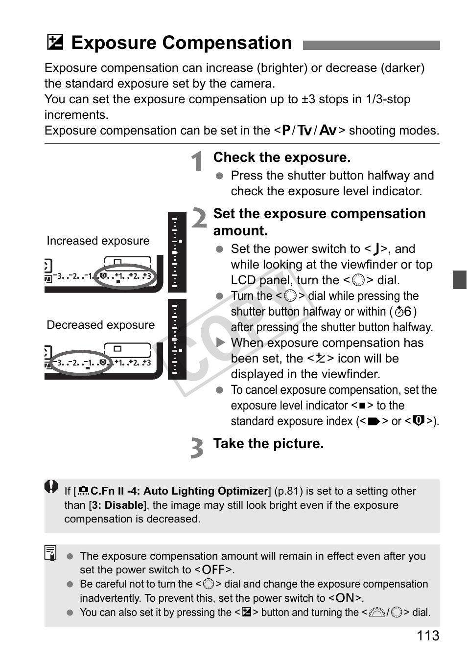 Cop y, Oexposure compensation | Canon EOS 1D User Manual | Page 113 / 276