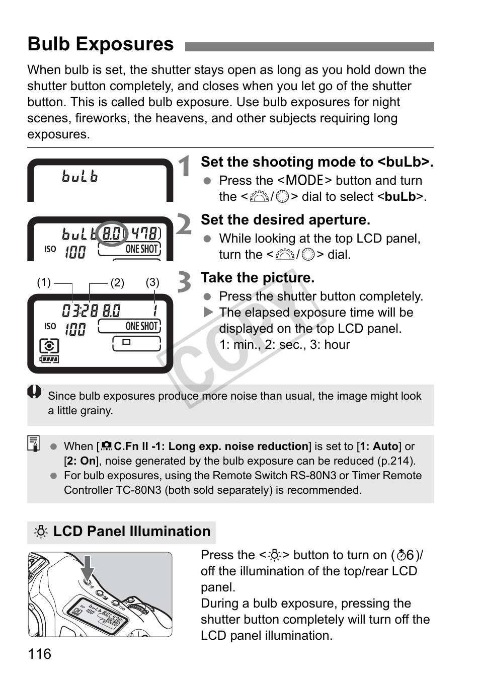 Cop y, Bulb exposures | Canon EOS 1D User Manual | Page 116 / 276