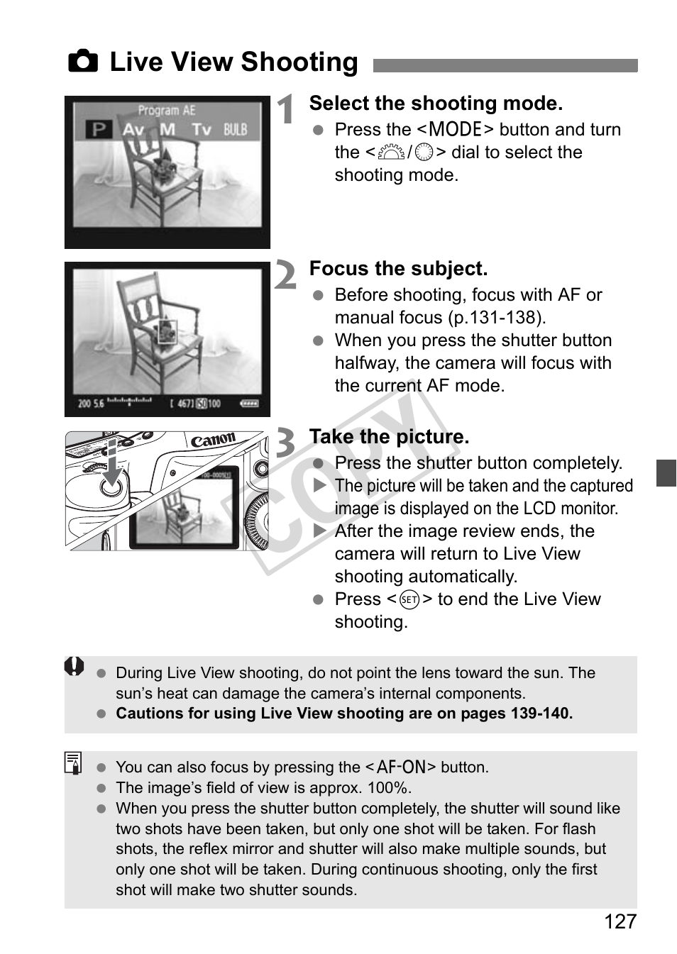 Cop y, Zlive view shooting | Canon EOS 1D User Manual | Page 127 / 276