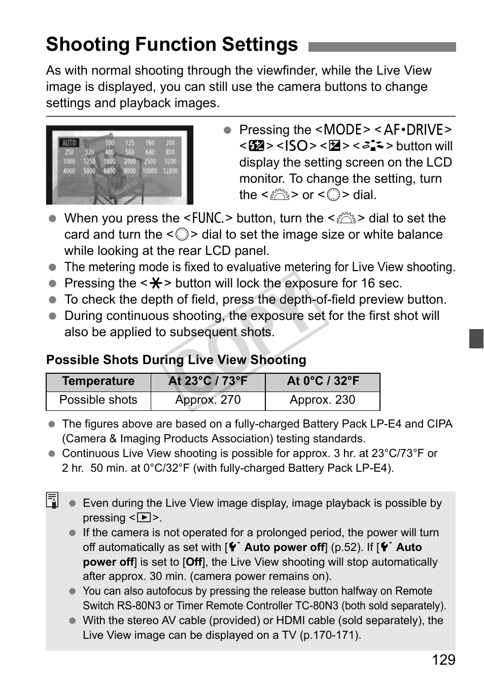 Cop y, Shooting function settings | Canon EOS 1D User Manual | Page 129 / 276
