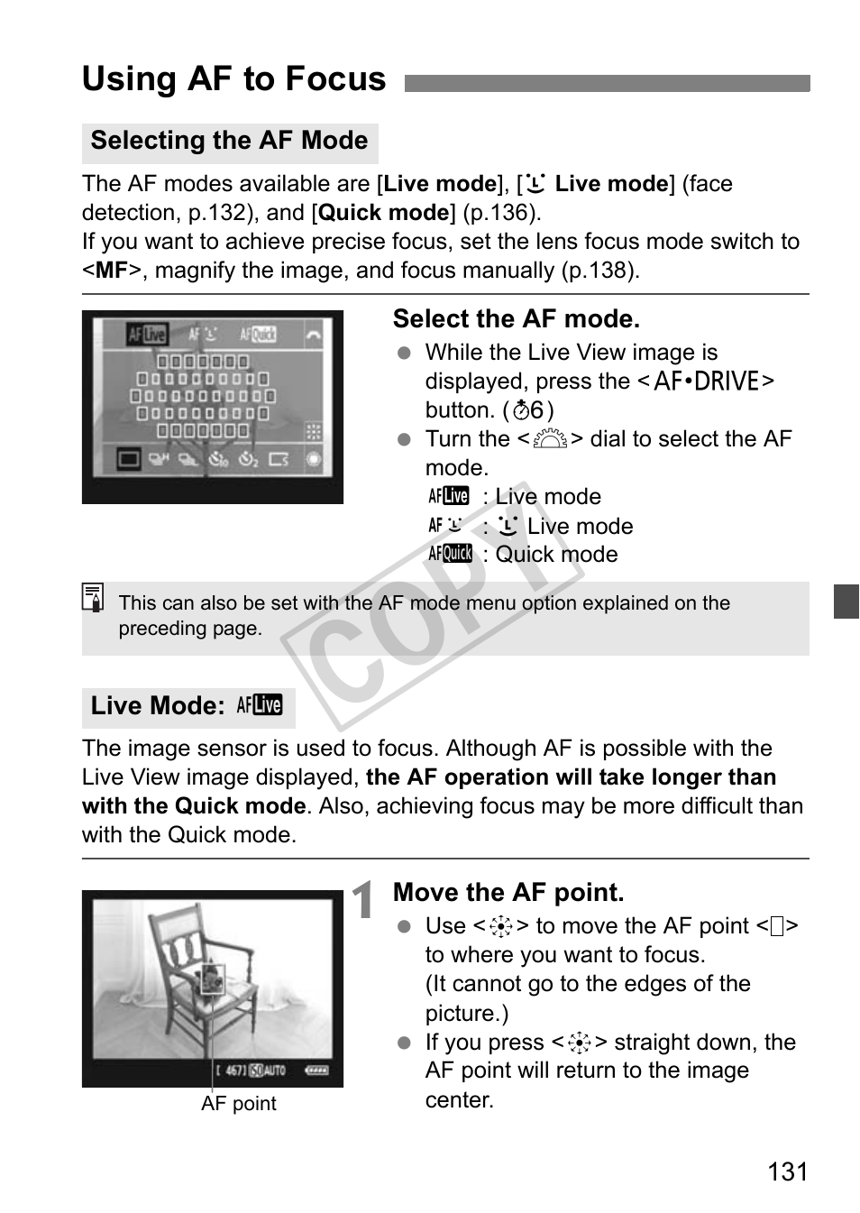 Cop y, Using af to focus | Canon EOS 1D User Manual | Page 131 / 276