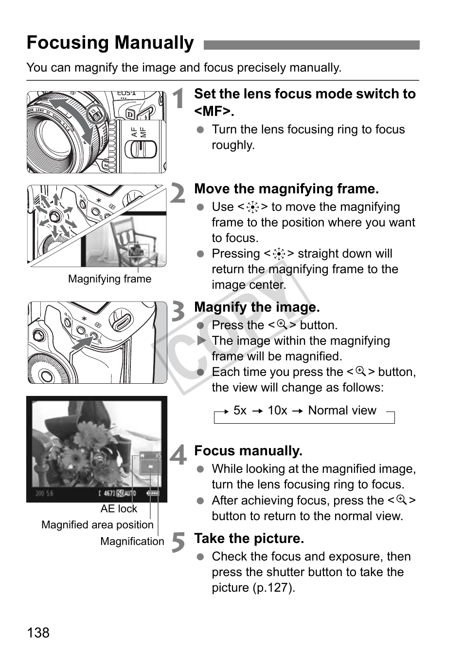 Cop y, Focusing manually | Canon EOS 1D User Manual | Page 138 / 276