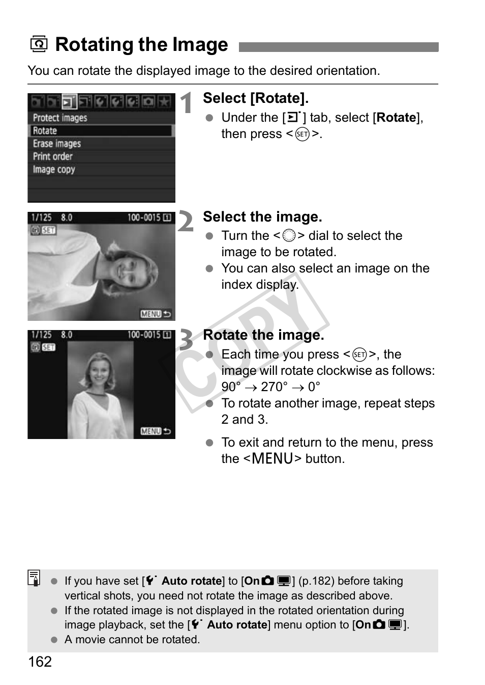 Cop y, Brotating the image | Canon EOS 1D User Manual | Page 162 / 276