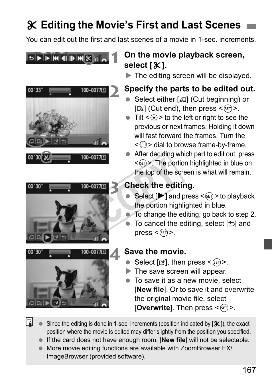 Cop y, Xediting the movie’s first and last scenes | Canon EOS 1D User Manual | Page 167 / 276