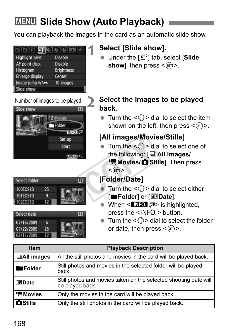 Cop y, 3slide show (auto playback) | Canon EOS 1D User Manual | Page 168 / 276