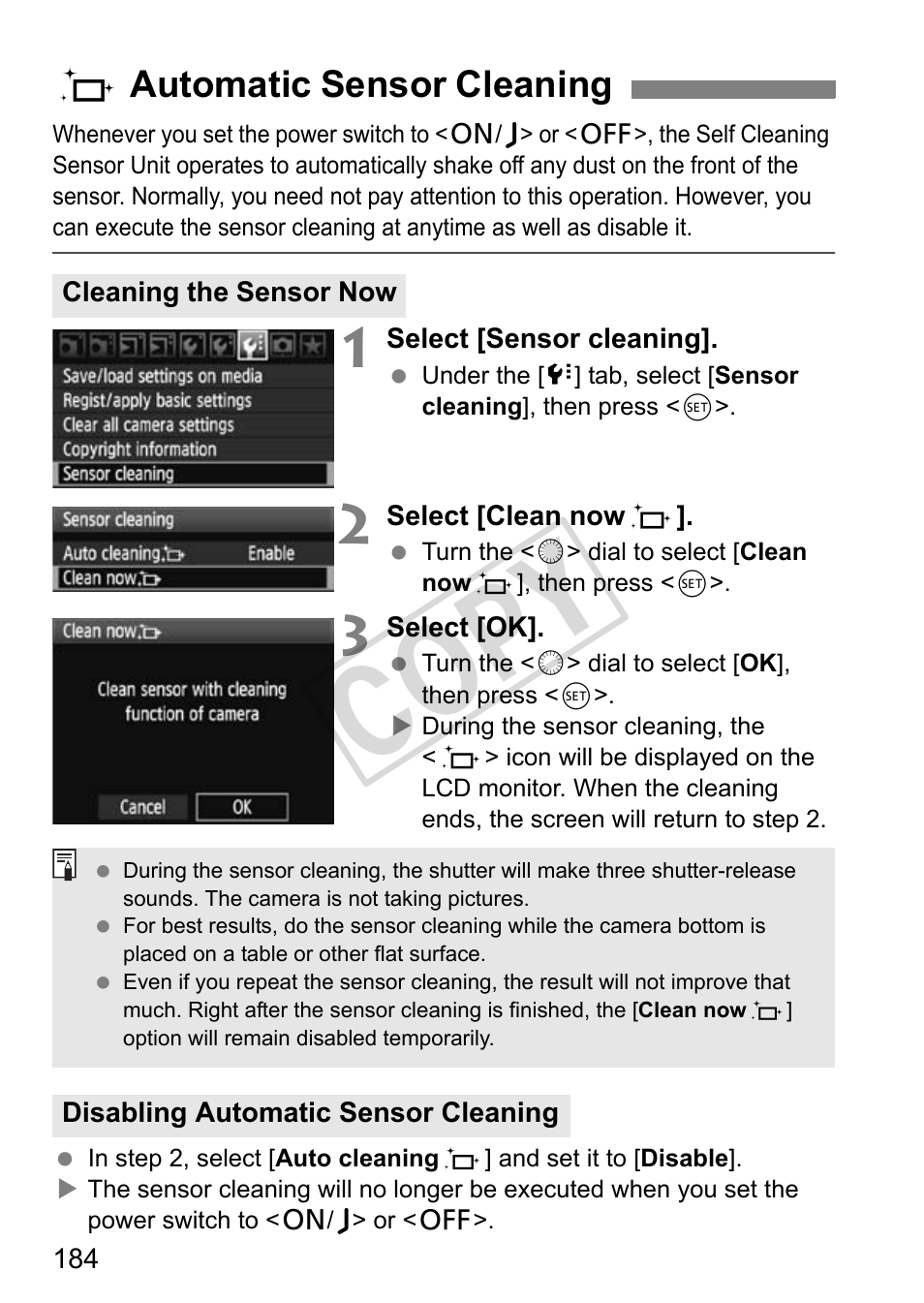 Cop y, Fautomatic sensor cleaning | Canon EOS 1D User Manual | Page 184 / 276