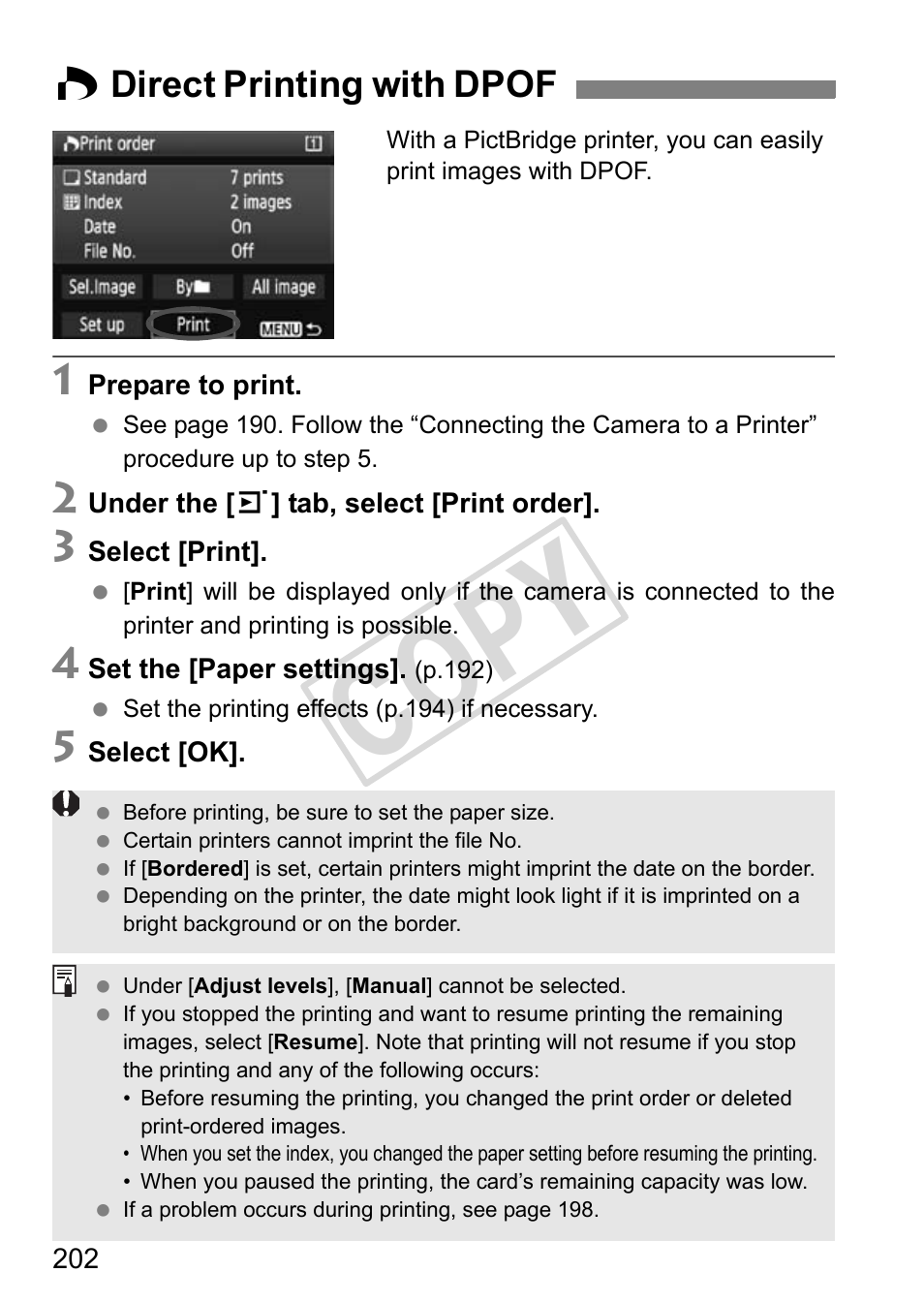 Cop y, W direct printing with dpof | Canon EOS 1D User Manual | Page 202 / 276