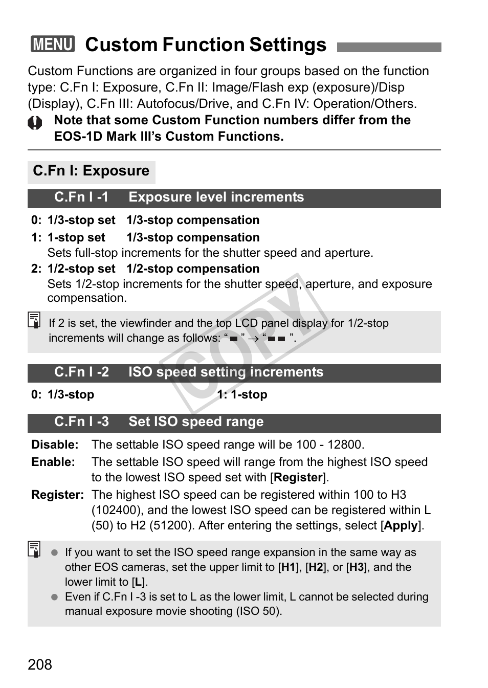 Cop y, 3custom function settings | Canon EOS 1D User Manual | Page 208 / 276