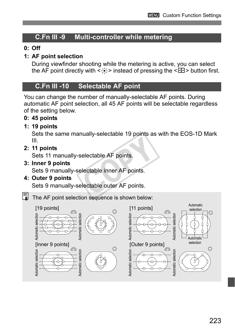 Cop y, C.fn iii -9 multi-controller while metering, C.fn iii -10 selectable af point | Canon EOS 1D User Manual | Page 223 / 276