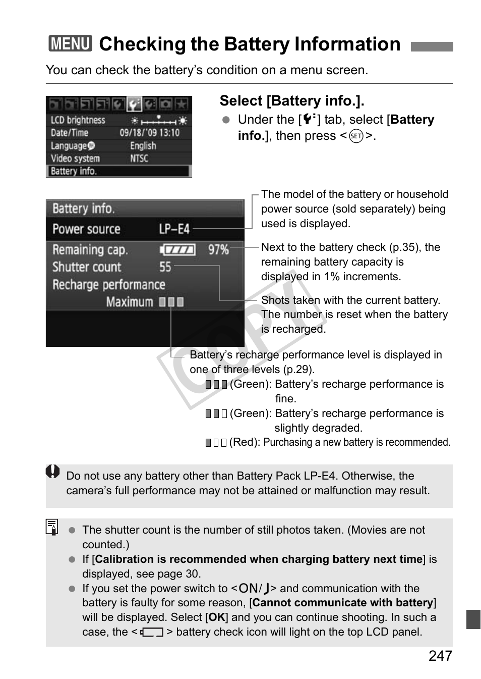 Cop y, 3checking the battery information | Canon EOS 1D User Manual | Page 247 / 276