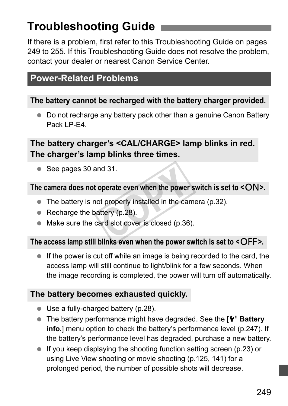 Cop y, Troubleshooting guide | Canon EOS 1D User Manual | Page 249 / 276