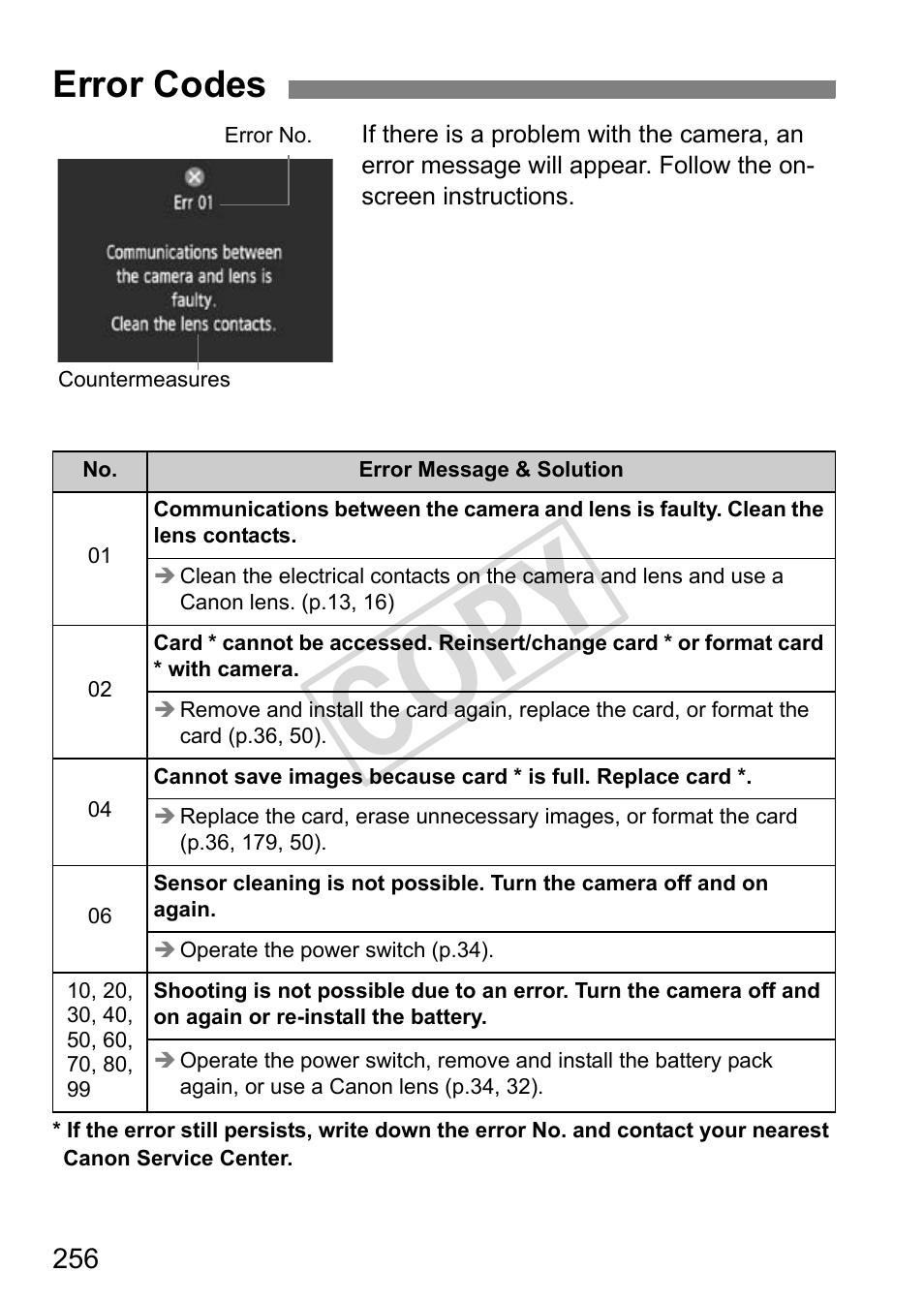 Cop y, Error codes | Canon EOS 1D User Manual | Page 256 / 276