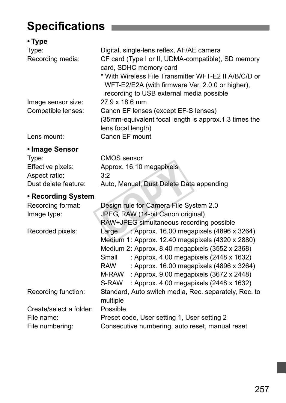 Cop y, Specifications | Canon EOS 1D User Manual | Page 257 / 276