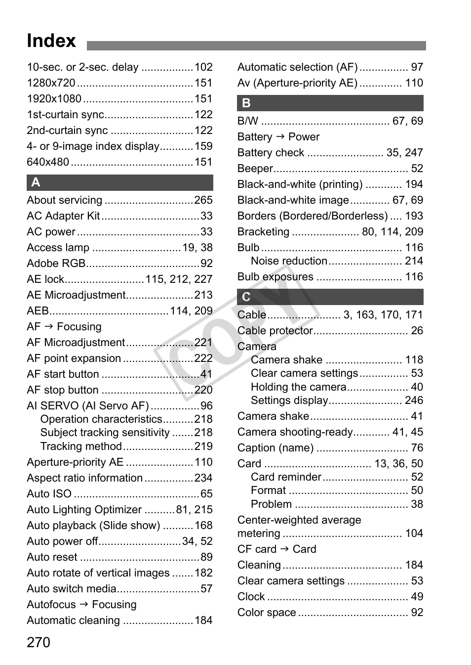 Cop y, Index | Canon EOS 1D User Manual | Page 270 / 276