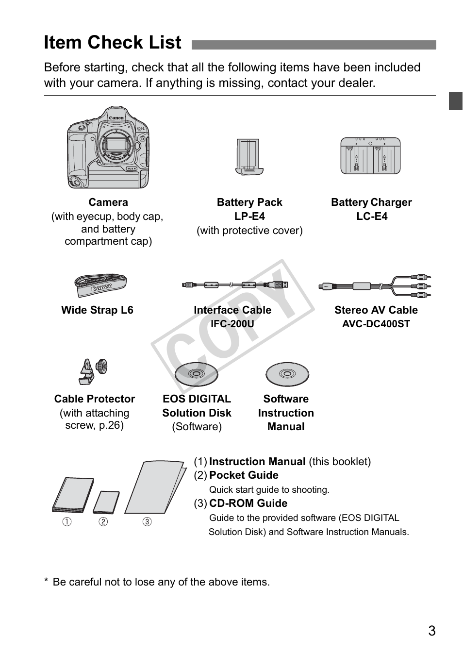 Cop y, Item check list | Canon EOS 1D User Manual | Page 3 / 276