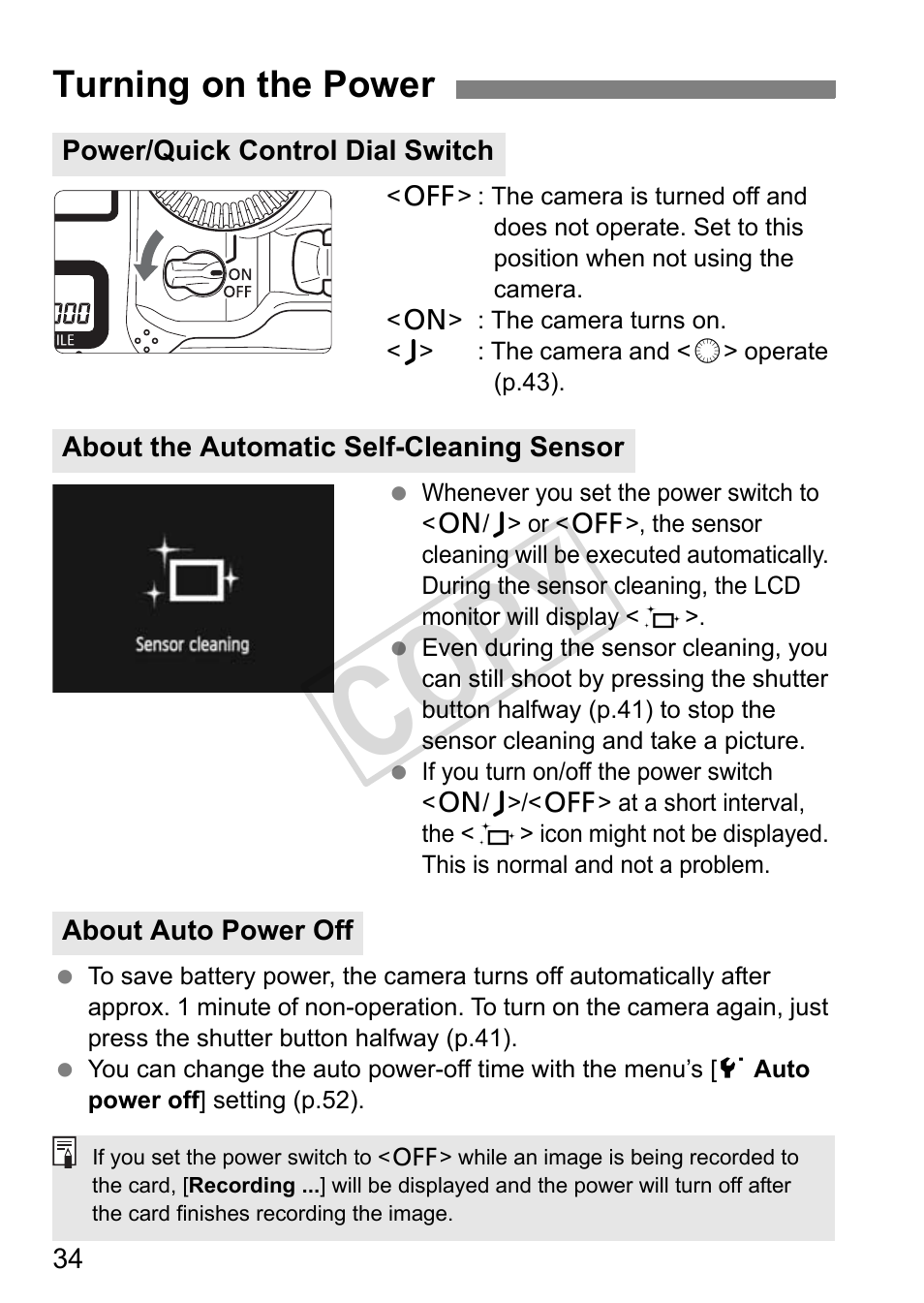 Cop y, Turning on the power | Canon EOS 1D User Manual | Page 34 / 276