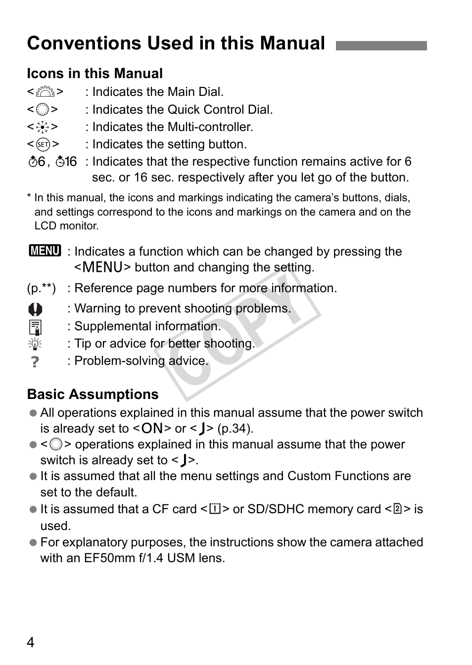 Cop y, Conventions used in this manual | Canon EOS 1D User Manual | Page 4 / 276