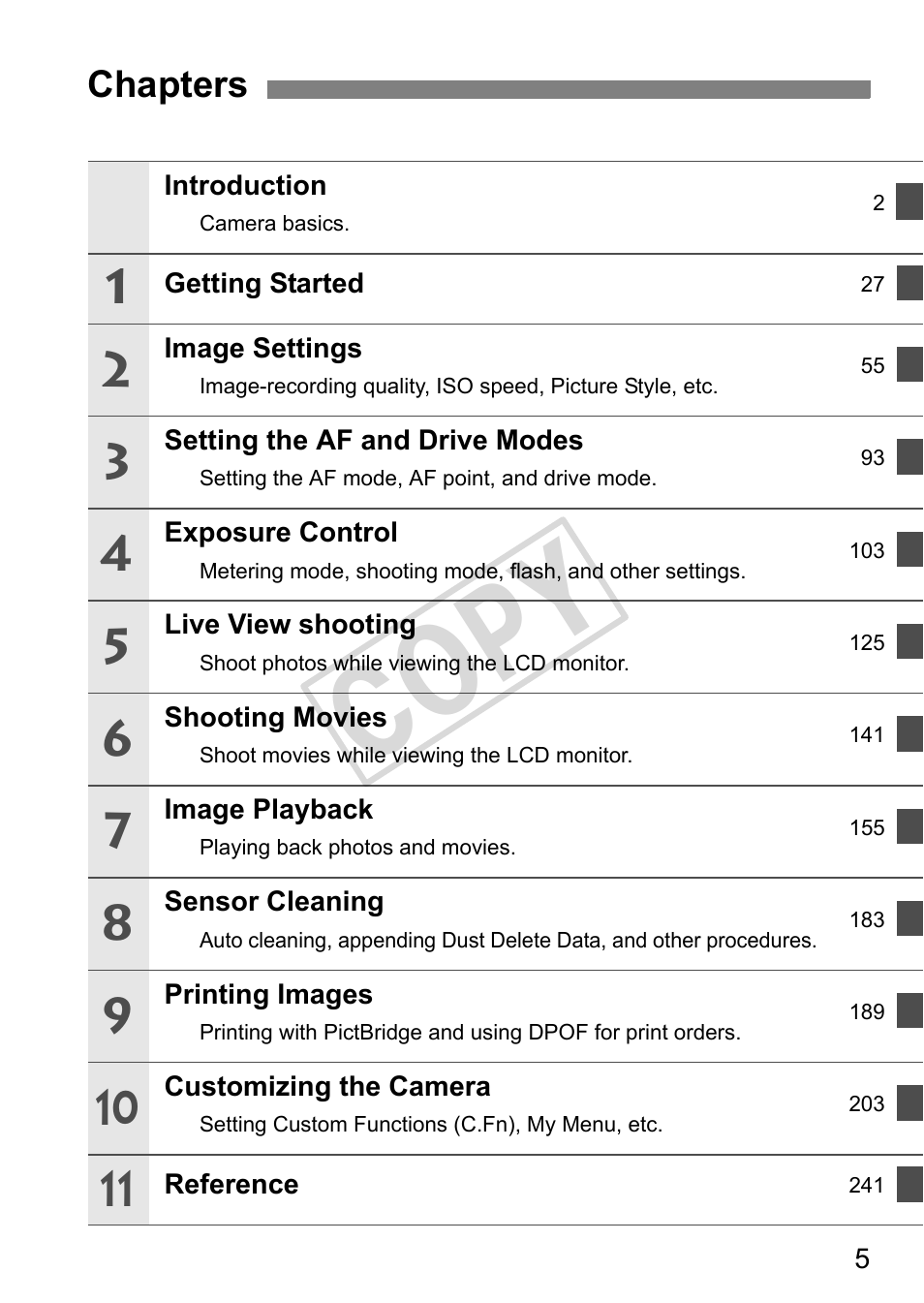 Cop y, Chapters | Canon EOS 1D User Manual | Page 5 / 276