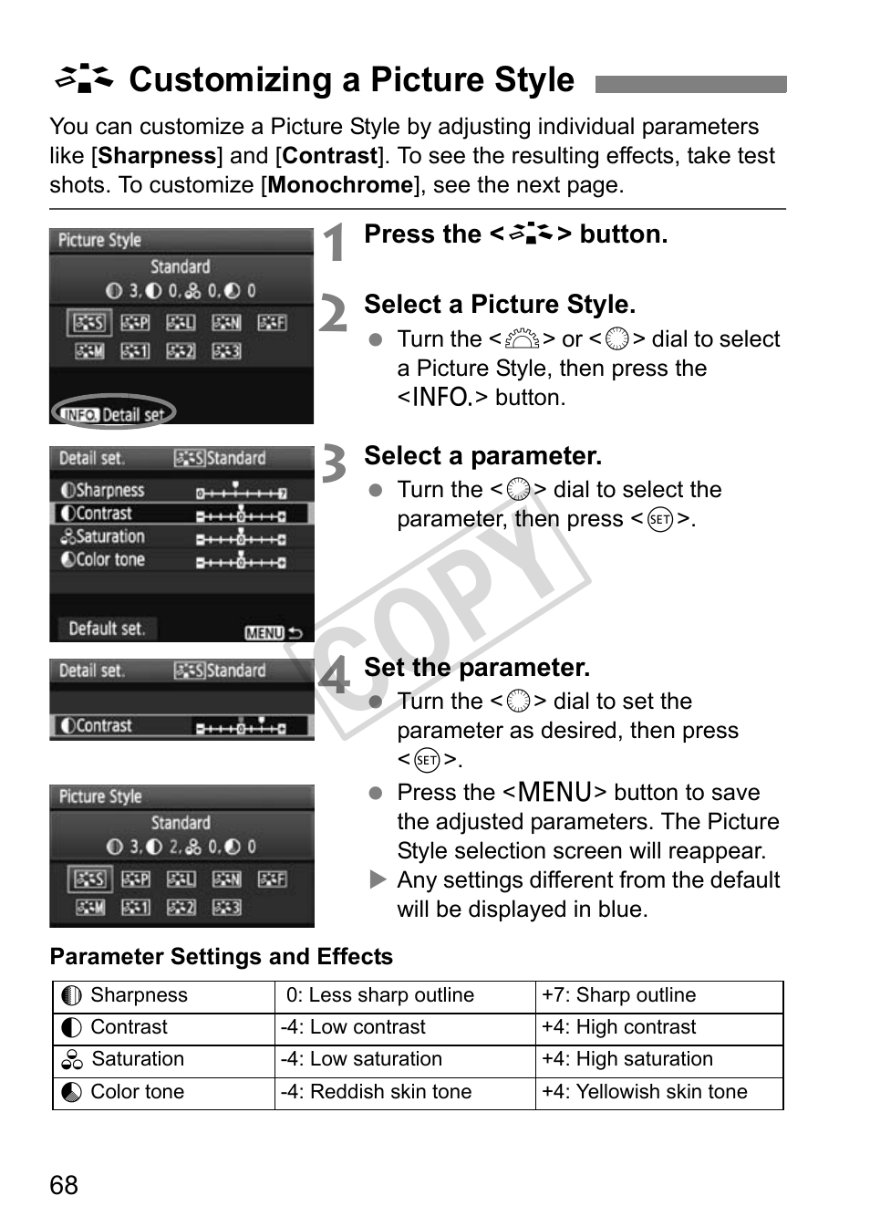 Cop y, Acustomizing a picture style | Canon EOS 1D User Manual | Page 68 / 276