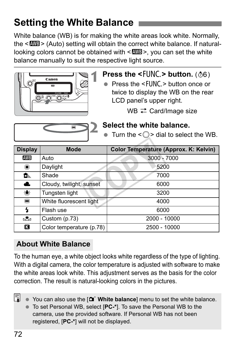 Cop y, Setting the white balance | Canon EOS 1D User Manual | Page 72 / 276