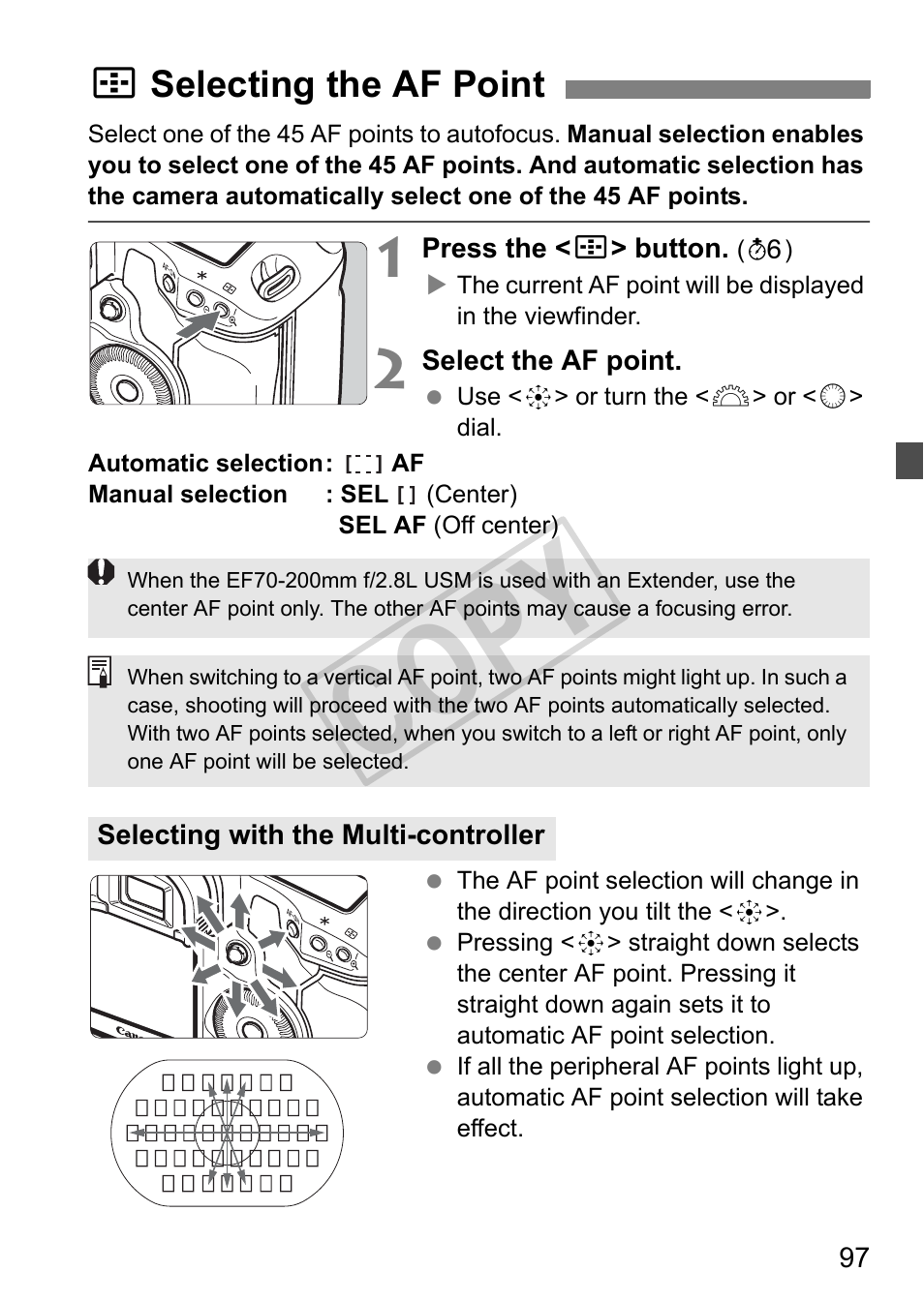 Cop y, Sselecting the af point | Canon EOS 1D User Manual | Page 97 / 276