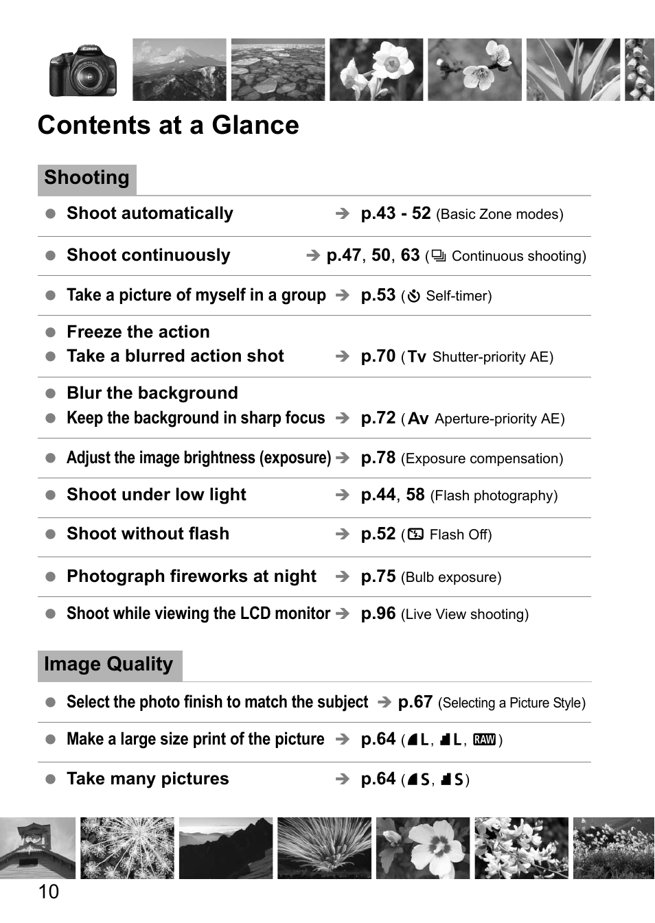 Contents at a glance, Shooting, Image quality | Canon EOS 450D User Manual | Page 10 / 196