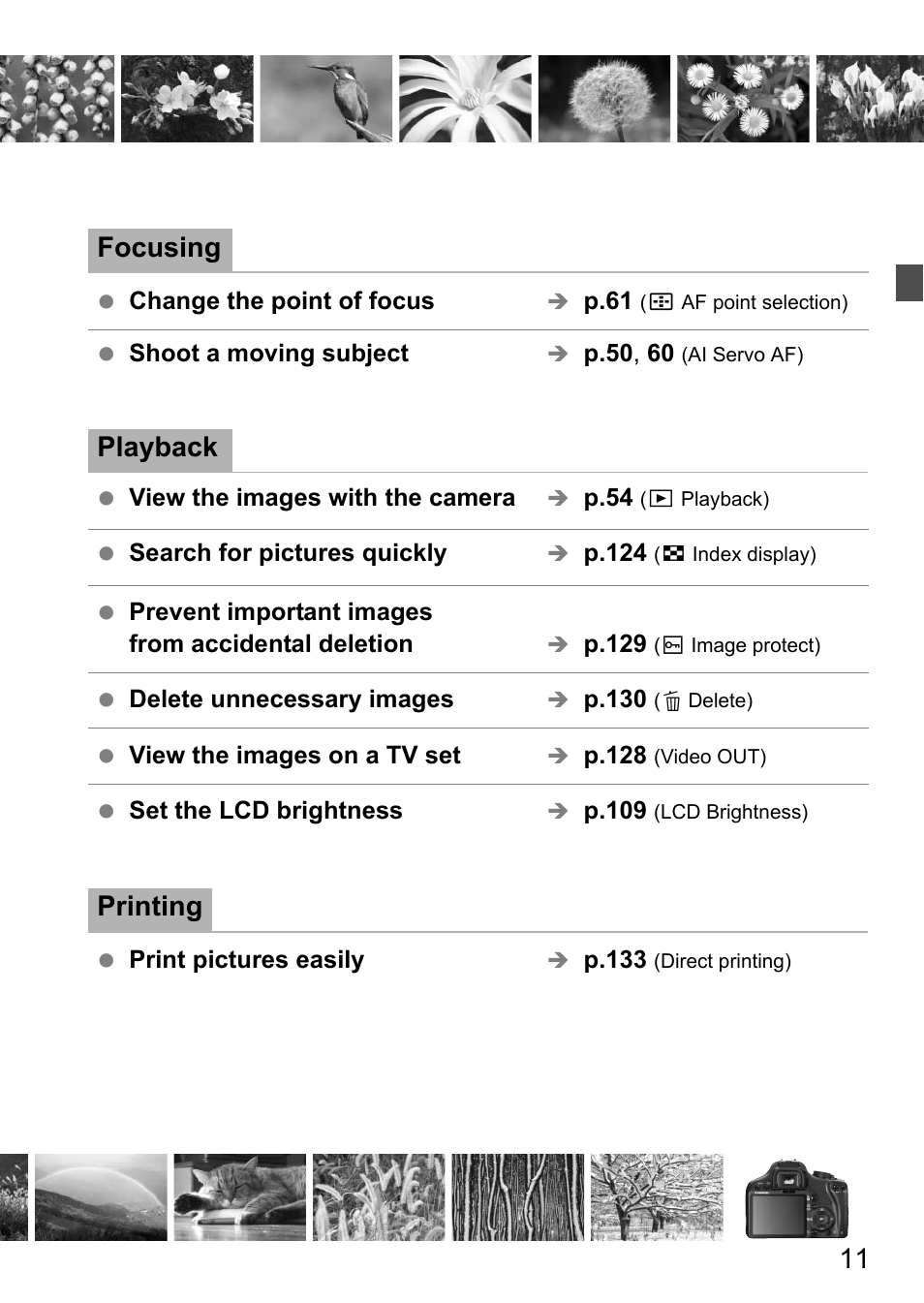 11 focusing, Playback, Printing | Canon EOS 450D User Manual | Page 11 / 196