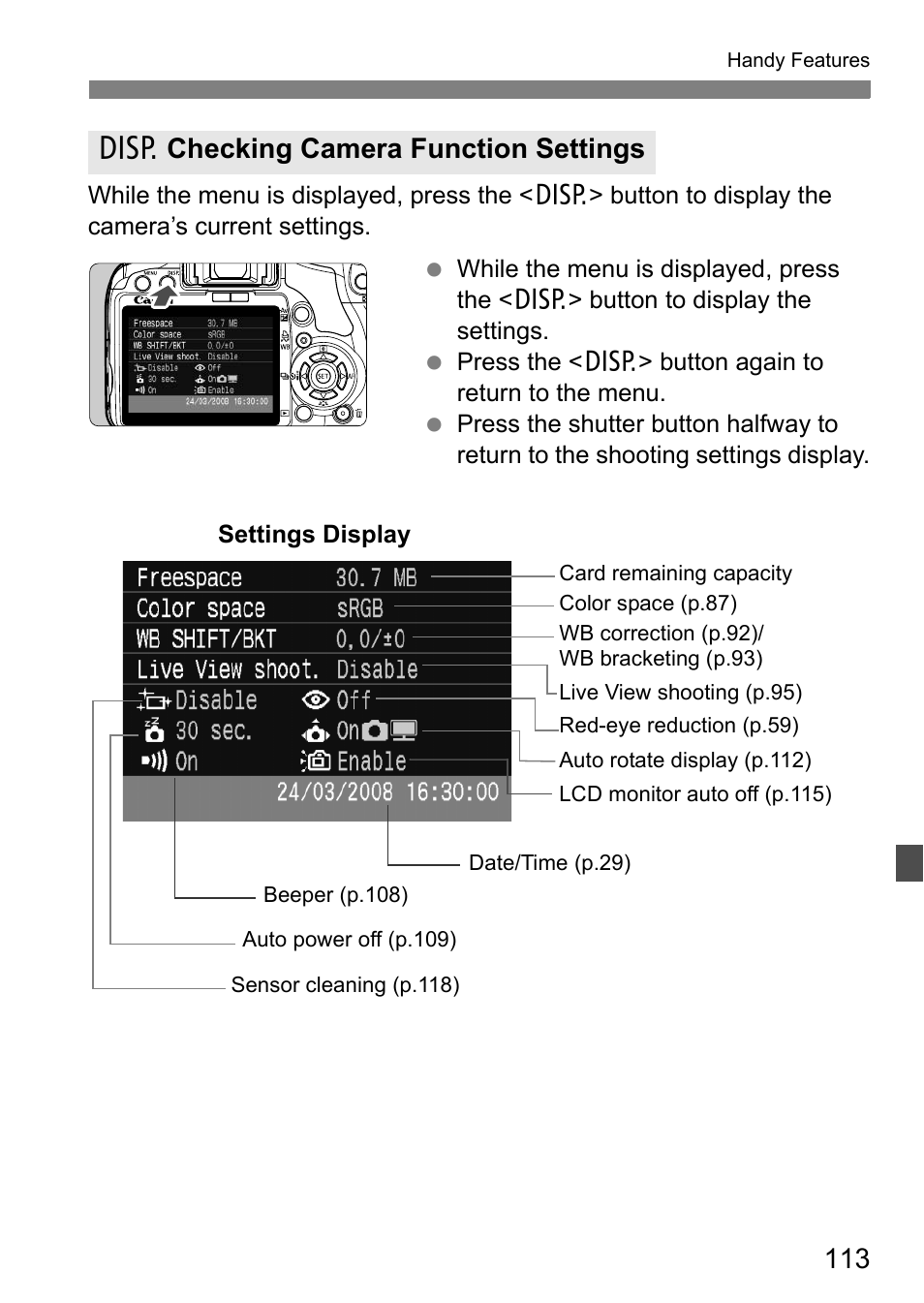 B checking camera function settings | Canon EOS 450D User Manual | Page 113 / 196