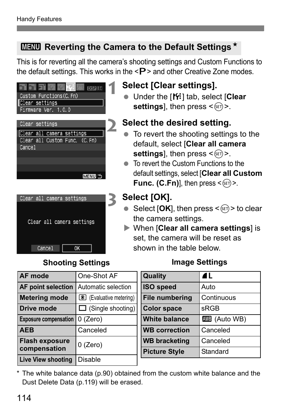 Select [clear settings, Select the desired setting, Select [ok | 3reverting the camera to the default settings n | Canon EOS 450D User Manual | Page 114 / 196