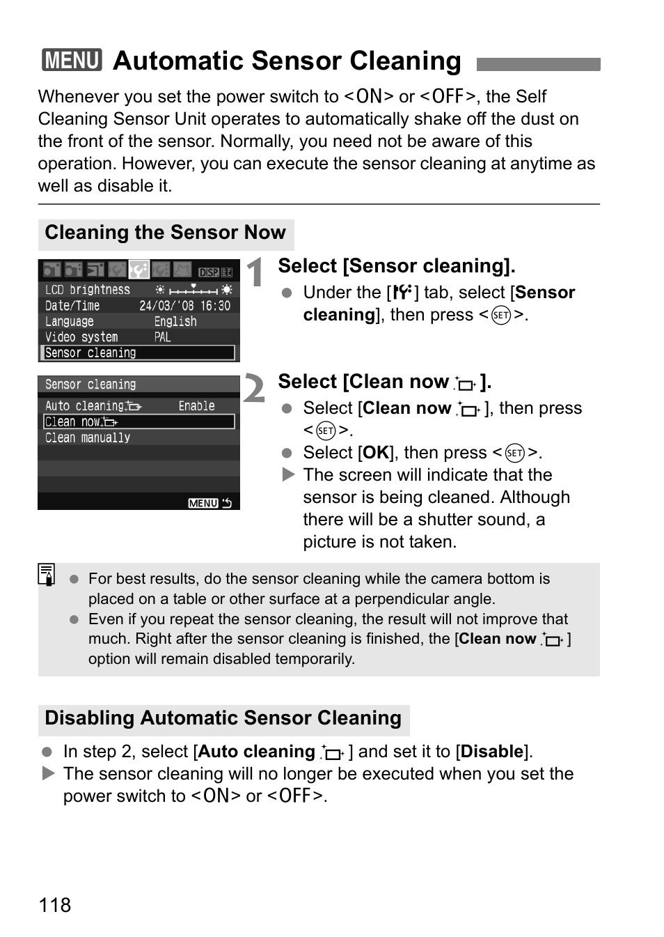 3automatic sensor cleaning | Canon EOS 450D User Manual | Page 118 / 196