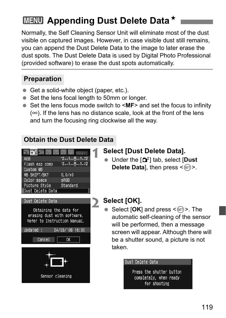 3appending dust delete data n | Canon EOS 450D User Manual | Page 119 / 196