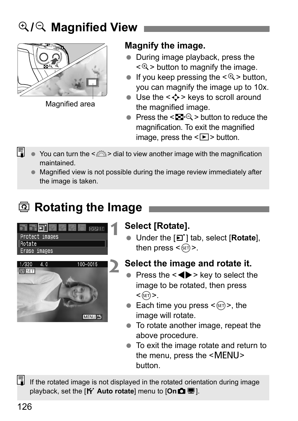 U / y magnified view, B rotating the image | Canon EOS 450D User Manual | Page 126 / 196