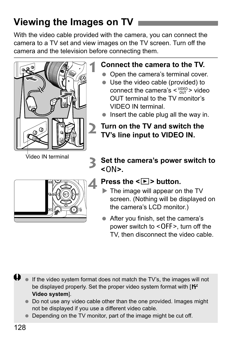 Viewing the images on tv | Canon EOS 450D User Manual | Page 128 / 196